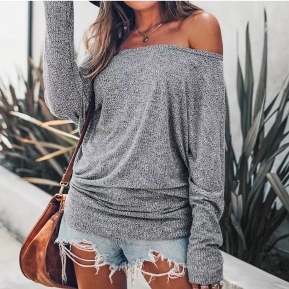 Tops - Gray Off The Shoulder Batwing Long Sleeve Top